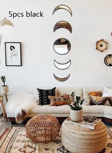 Scandinavian Natural Decor Acrylic Moonphase Mirrors Interior Design Wooden Moon Phase Mirror Bohemian Wall Decoration For Room