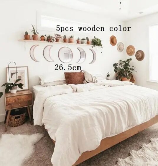 Scandinavian Natural Decor Acrylic Moonphase Mirrors Interior Design Wooden Moon Phase Mirror Bohemian Wall Decoration For Room