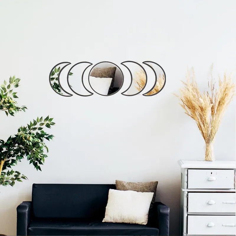 Scandinavian Natural Decor Acrylic Moonphase Mirrors Interior Design Wooden Moon Phase Mirror Bohemian Wall Decoration For Room