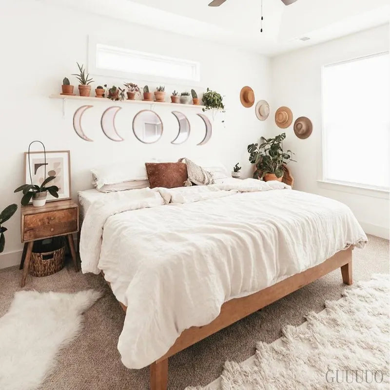 Scandinavian Natural Decor Acrylic Moonphase Mirrors Interior Design Wooden Moon Phase Mirror Bohemian Wall Decoration For Room
