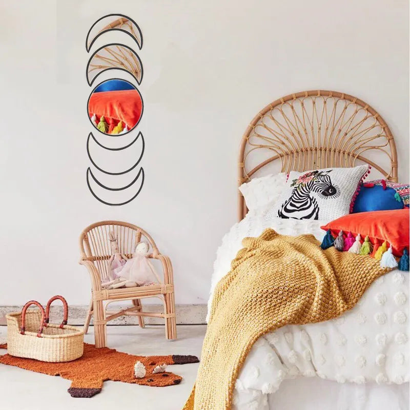 Scandinavian Natural Decor Acrylic Moonphase Mirrors Interior Design Wooden Moon Phase Mirror Bohemian Wall Decoration For Room