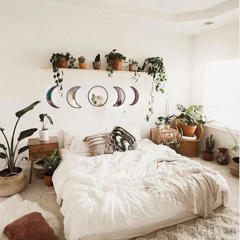 Scandinavian Natural Decor Acrylic Moonphase Mirrors Interior Design Wooden Moon Phase Mirror Bohemian Wall Decoration For Room