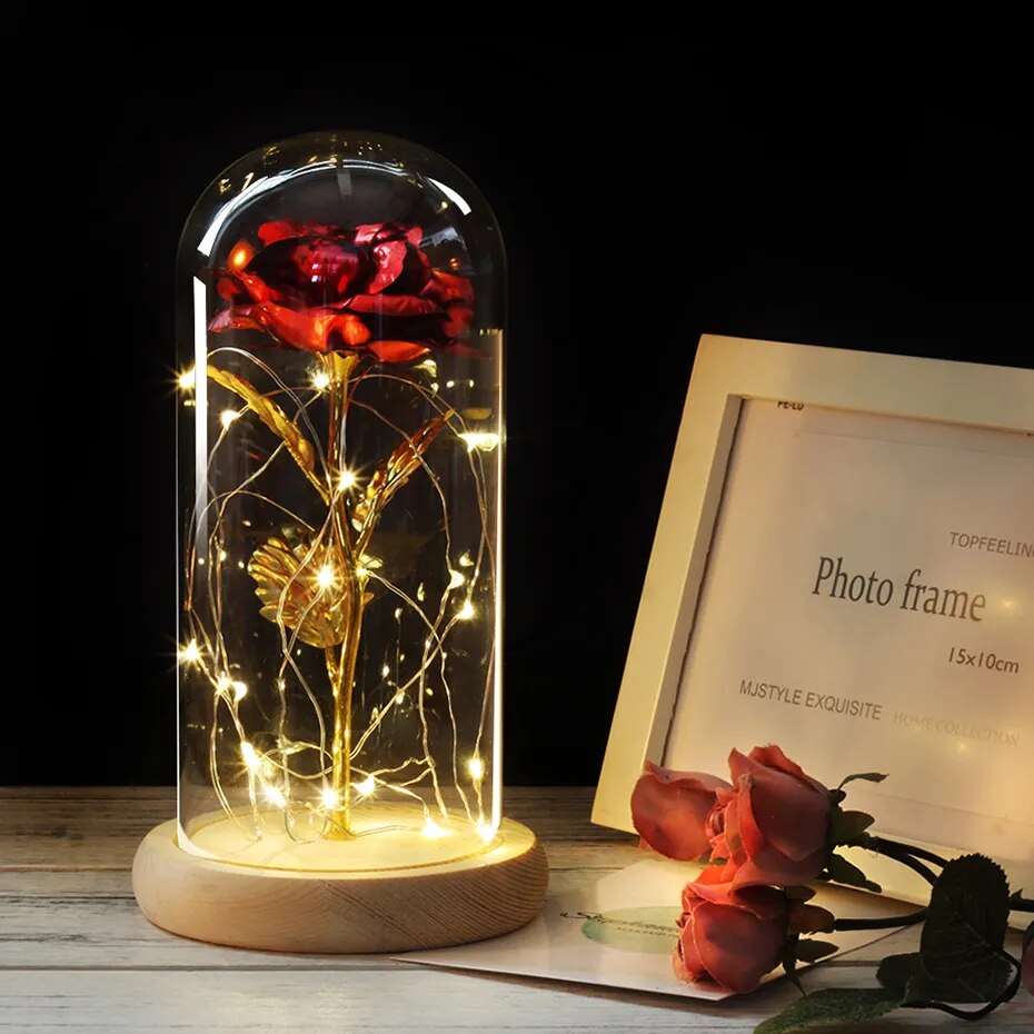 Artificial Flowers Beauty and the Beast Eternal Rose in Glass Cover Valentine's Day Wedding Birthday Decor for Gift