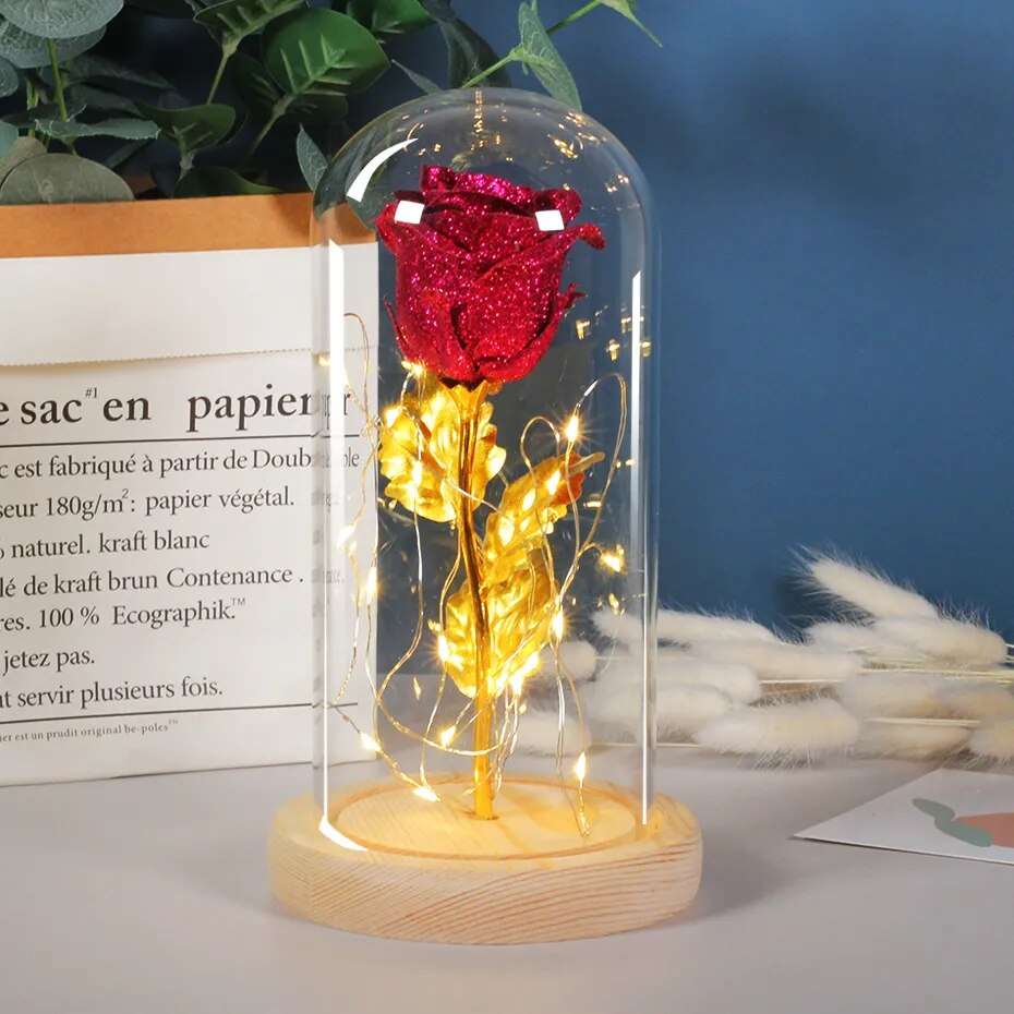 Artificial Flowers Beauty and the Beast Eternal Rose in Glass Cover Valentine's Day Wedding Birthday Decor for Gift