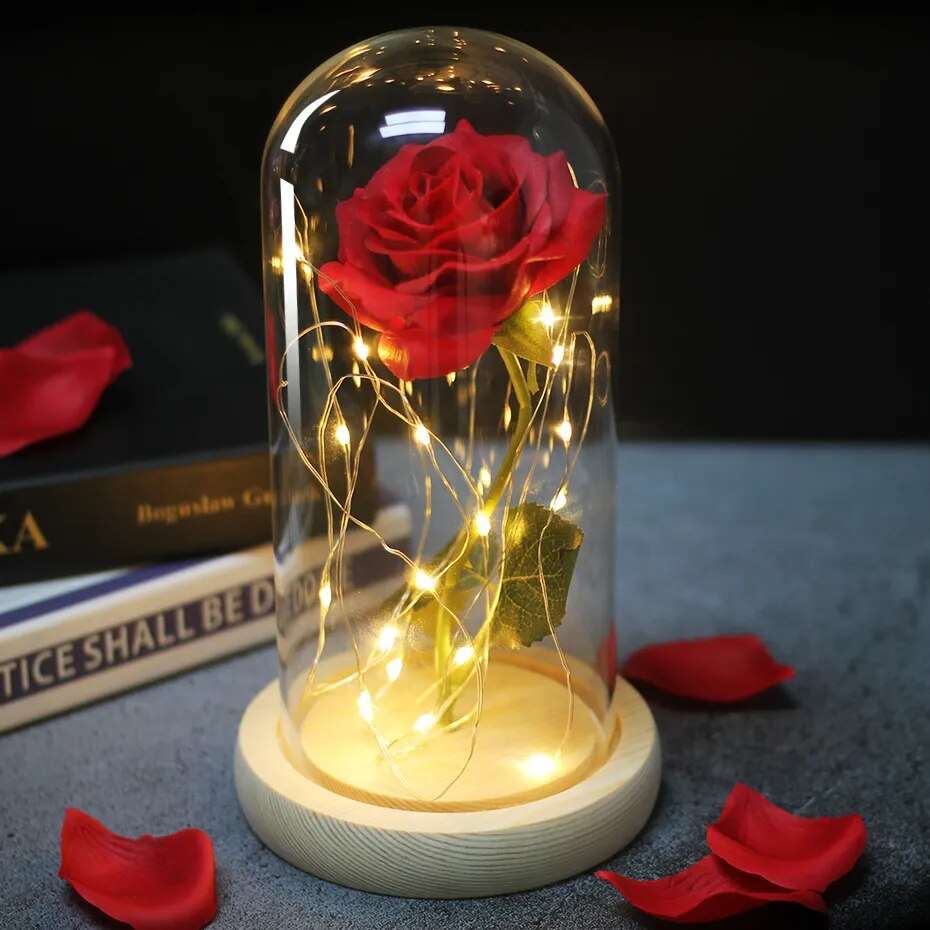 Artificial Flowers Beauty and the Beast Eternal Rose in Glass Cover Valentine's Day Wedding Birthday Decor for Gift