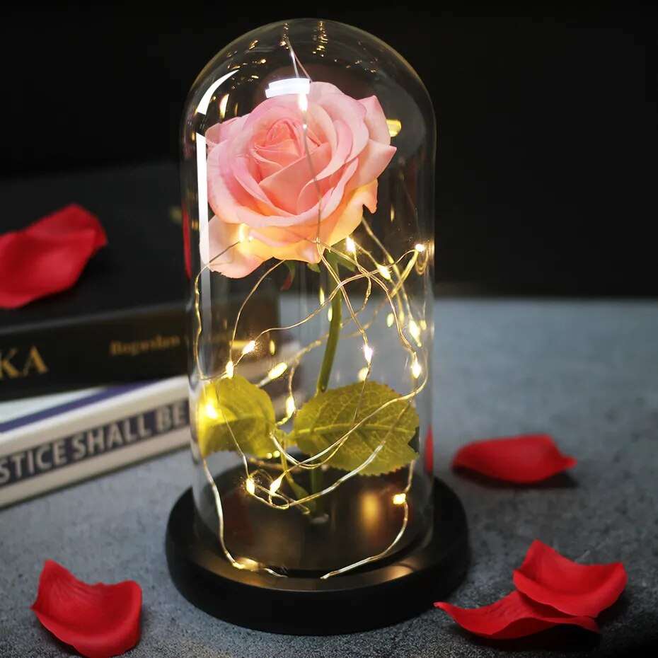 Artificial Flowers Beauty and the Beast Eternal Rose in Glass Cover Valentine's Day Wedding Birthday Decor for Gift