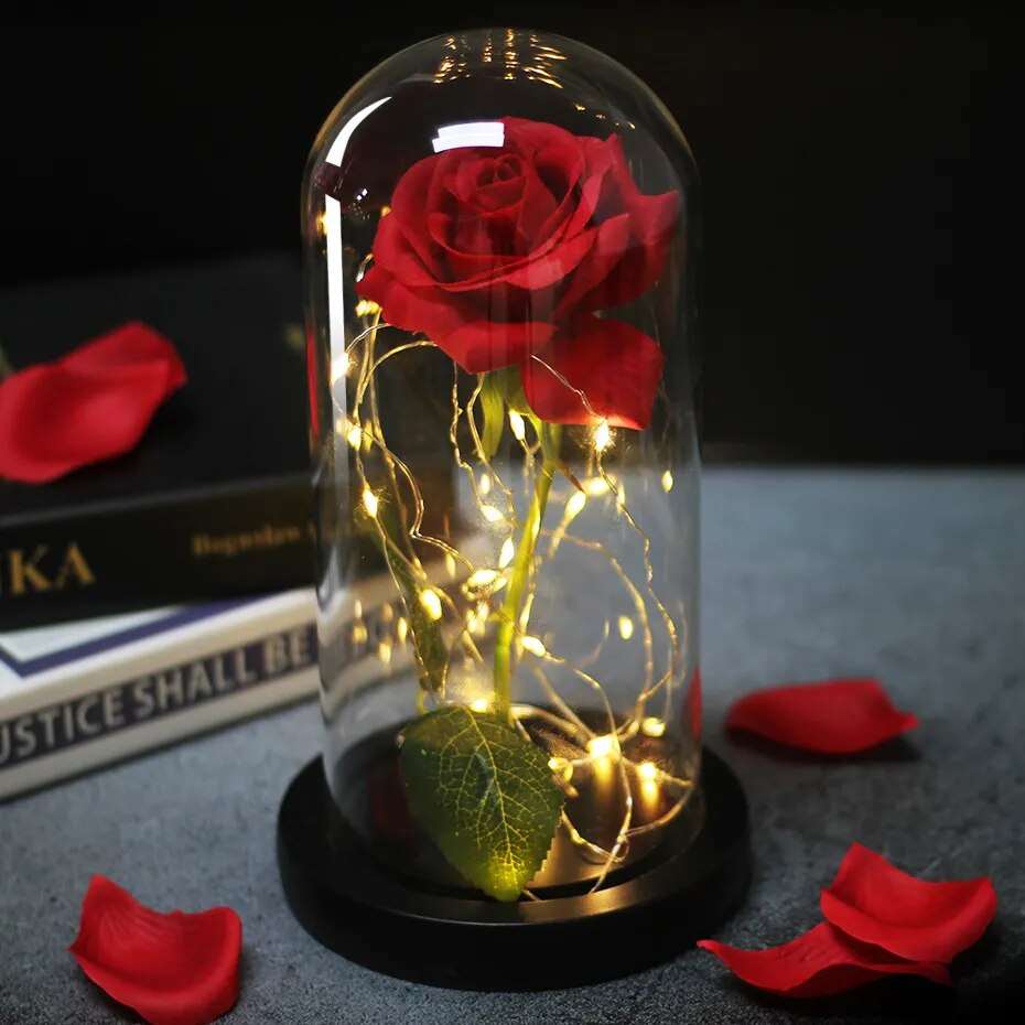 Artificial Flowers Beauty and the Beast Eternal Rose in Glass Cover Valentine's Day Wedding Birthday Decor for Gift