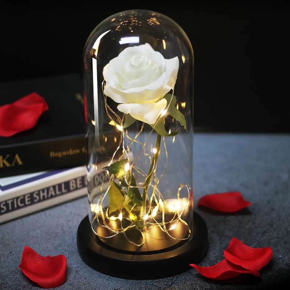 Artificial Flowers Beauty and the Beast Eternal Rose in Glass Cover Valentine's Day Wedding Birthday Decor for Gift