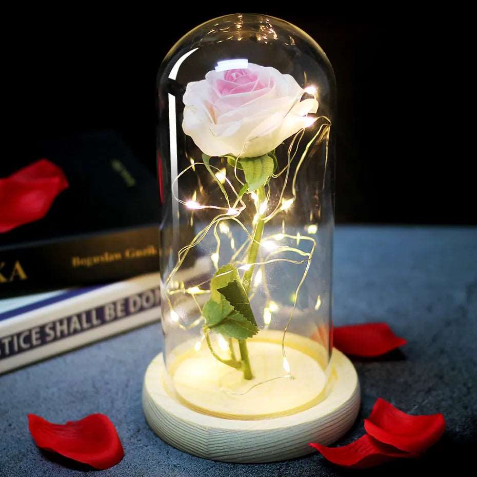 Artificial Flowers Beauty and the Beast Eternal Rose in Glass Cover Valentine's Day Wedding Birthday Decor for Gift