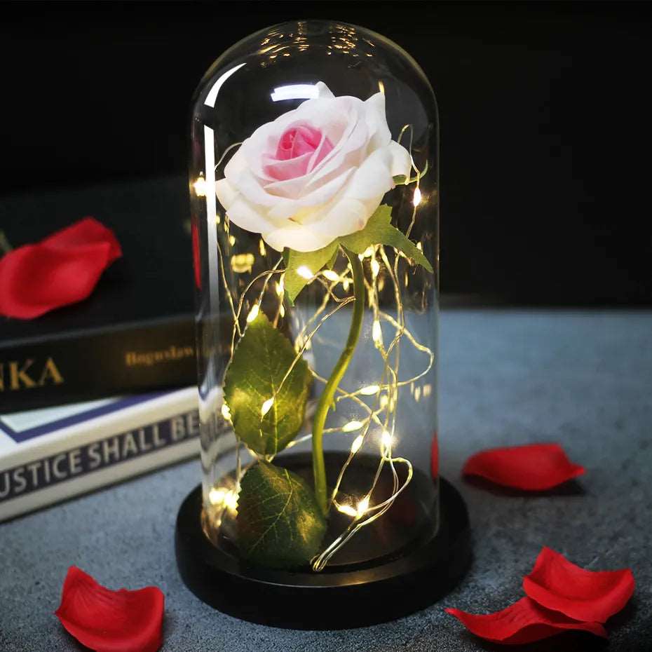 Artificial Flowers Beauty and the Beast Eternal Rose in Glass Cover Valentine's Day Wedding Birthday Decor for Gift