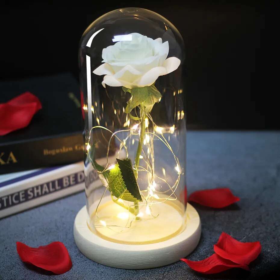 Artificial Flowers Beauty and the Beast Eternal Rose in Glass Cover Valentine's Day Wedding Birthday Decor for Gift