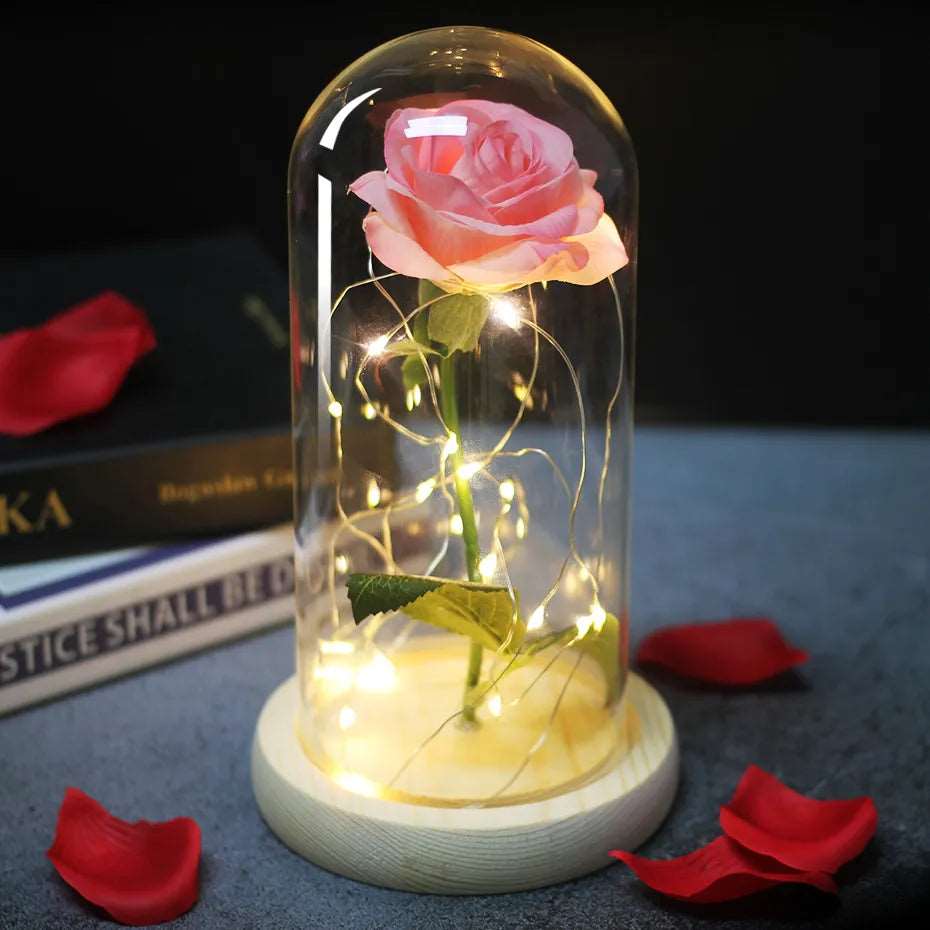 Artificial Flowers Beauty and the Beast Eternal Rose in Glass Cover Valentine's Day Wedding Birthday Decor for Gift