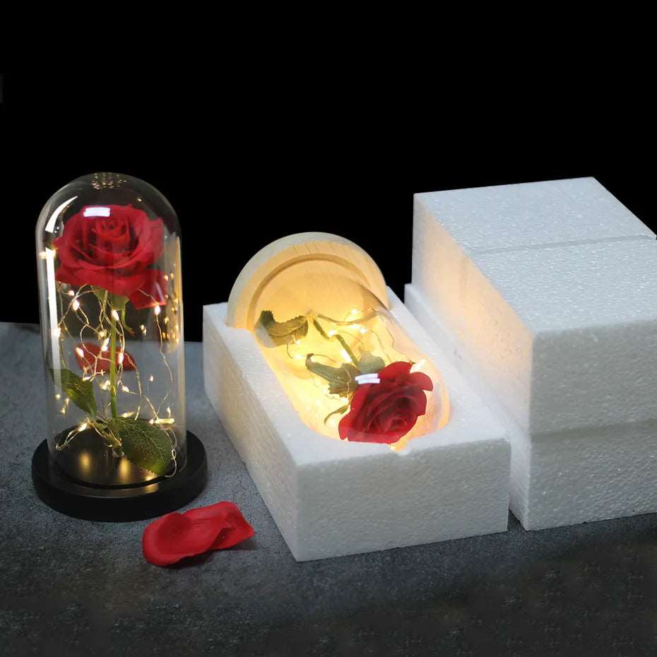 Artificial Flowers Beauty and the Beast Eternal Rose in Glass Cover Valentine's Day Wedding Birthday Decor for Gift